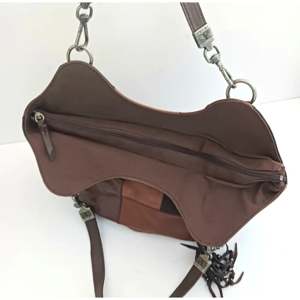 Y2K The Sak Brown Patchwork Leather/Suede Hobo Chunky Silver Hardware Tassel